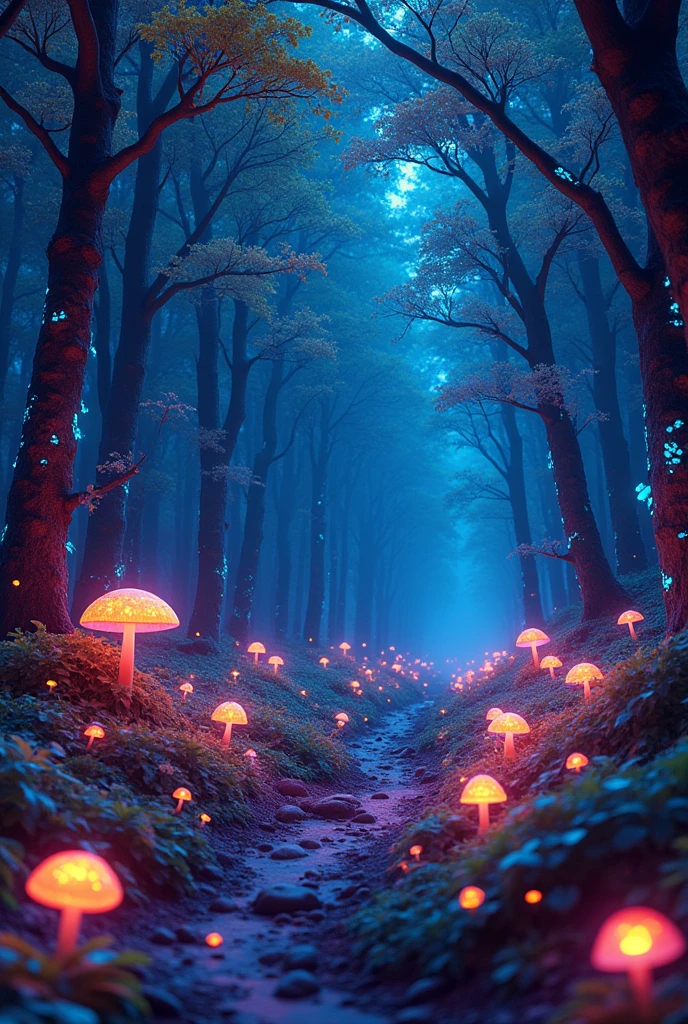 Real、photograph、masterpiece、high quality、4K、HDR、A vibrant forest filled with glowing flowers and fantastical creatures、BREAK - BREAK - BREAK Illuminated by glowing mushrooms and strange creatures、Colorful leaves and bioluminescent trees々A forest of
