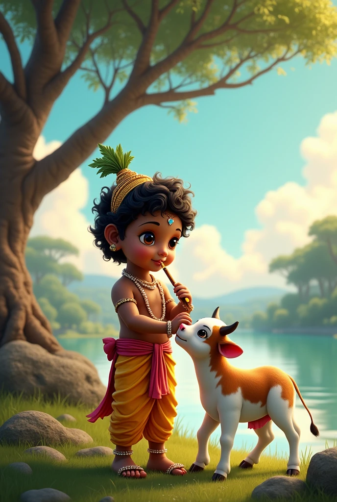 A serene and vibrant depiction of Lord Krishna's child form, approximately 5-, with a gentle and mischievous smile, soft dark brown skin, and endearing large brown eyes, adorned with a golden crown and a delicate pearl necklace, standing on the lush green banks of the river Yamuna, surrounded by tall trees with sprawling branches and a few fluffy white clouds in the turquoise sky, with a small cow, about two-thirds his size, with a coat of creamy white and gray patches, and her calf, about half her size, with a reddish-brown coat, both gazing adoringly at the young Lord, who is tenderly stroking the cow's head with his right hand, while his left hand holds a delicate flute, radiating an aura of innocence, wonder, and spiritual connection, as the warm sunlight casts a gentle glow on the entire scene.