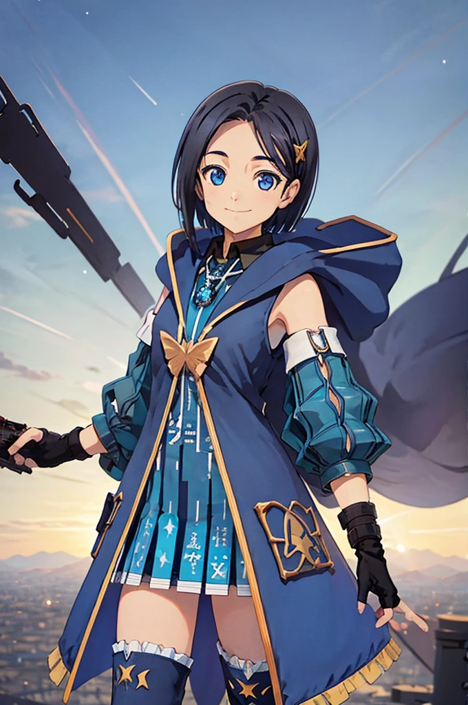 Empty City, A town above the clouds, Sky City,Black Eye,Blue haired,Falling from the sky、In the desert、Stars shine in the night sky、beautiful girl、Show your side