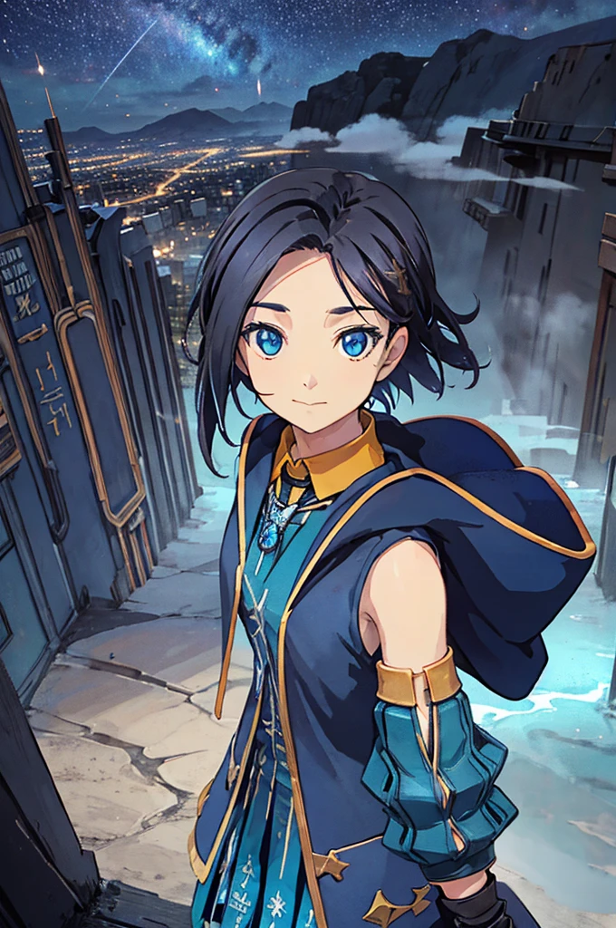Empty City, A town above the clouds, Sky City,Black Eye,Blue haired,Falling from the sky、In the desert、Stars shine in the night sky、beautiful girl、Show your side