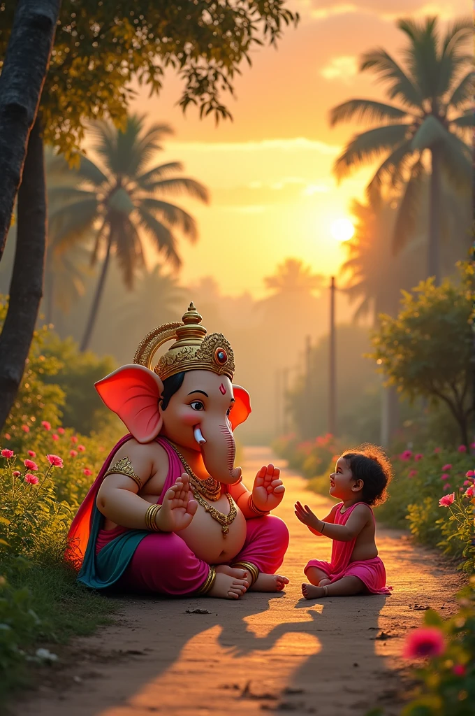 Create an image of happy face smiling lord Ganesh in sitting position , playing with the child in the old village road with the background of plants,garden,trees,sunrice