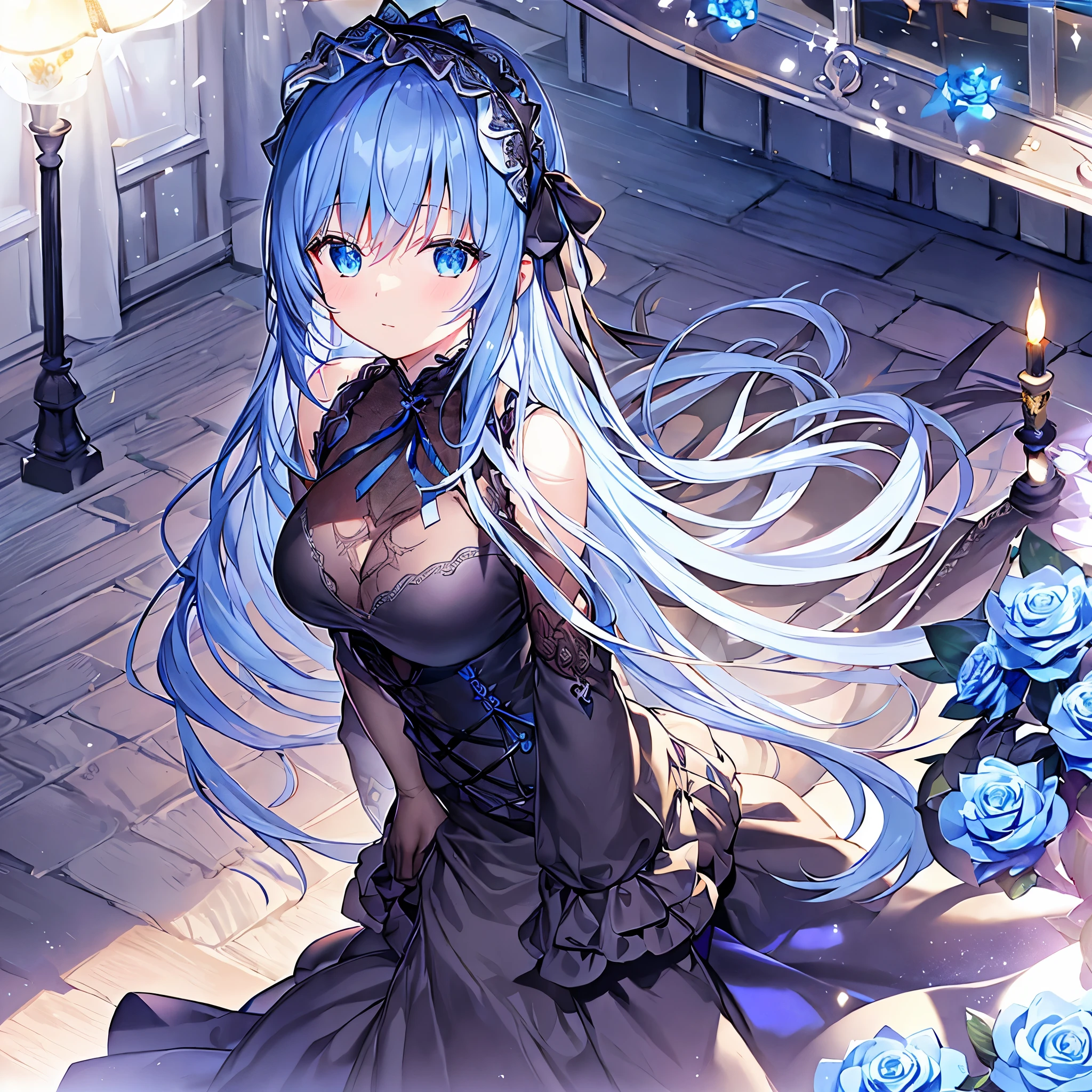 (Detailed light、Detailed Shadows、Detailed Design)、1 person、Gothic、(Dark fantasy)、Headband、Blue Rose、Black and blue outfit、Long sleeve、Sea of night、moon、ribbon、Frills、Detailed pattern on skirt