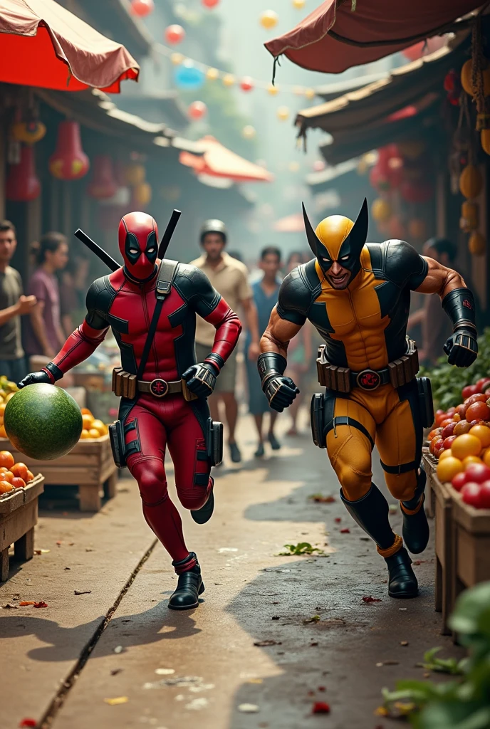 (photorealism:1.2), (HDR quality), (realistics), the deadpool is running sared becouse he was chasing by wolverine(angry face), (deadpool with his one hand is holding a big melon), wolverine chasing him behind(nearly)jumping highly., at the traditional market(detailed situations and conditions), many people watching them