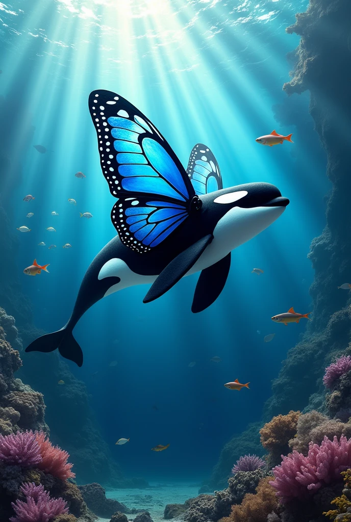 A friendly Luzon peacock butterfly winged orca whale with blue details on the tail and wing 