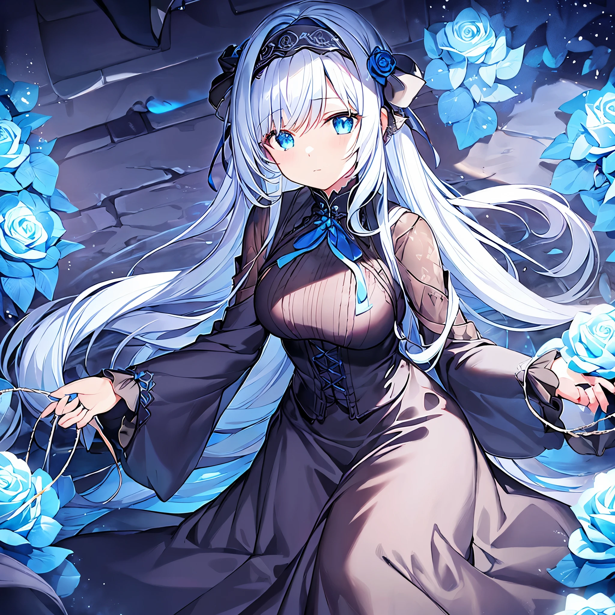 (Detailed light、Detailed Shadows、Detailed Design)、1 person、Gothic、(Dark fantasy)、Headband、Blue Rose、Black and blue outfit、Long sleeve、Sea of night、moon、ribbon、Frills、Detailed pattern on skirt