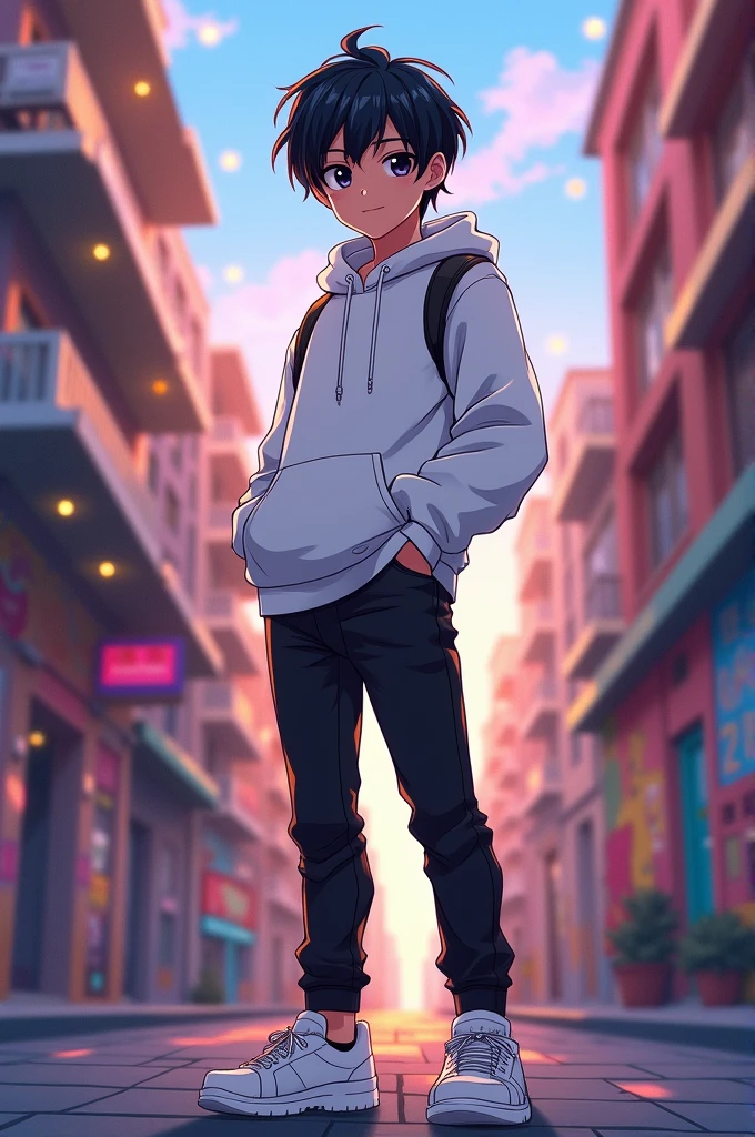 Anime handsome boy white hoodie black pant white sneakers