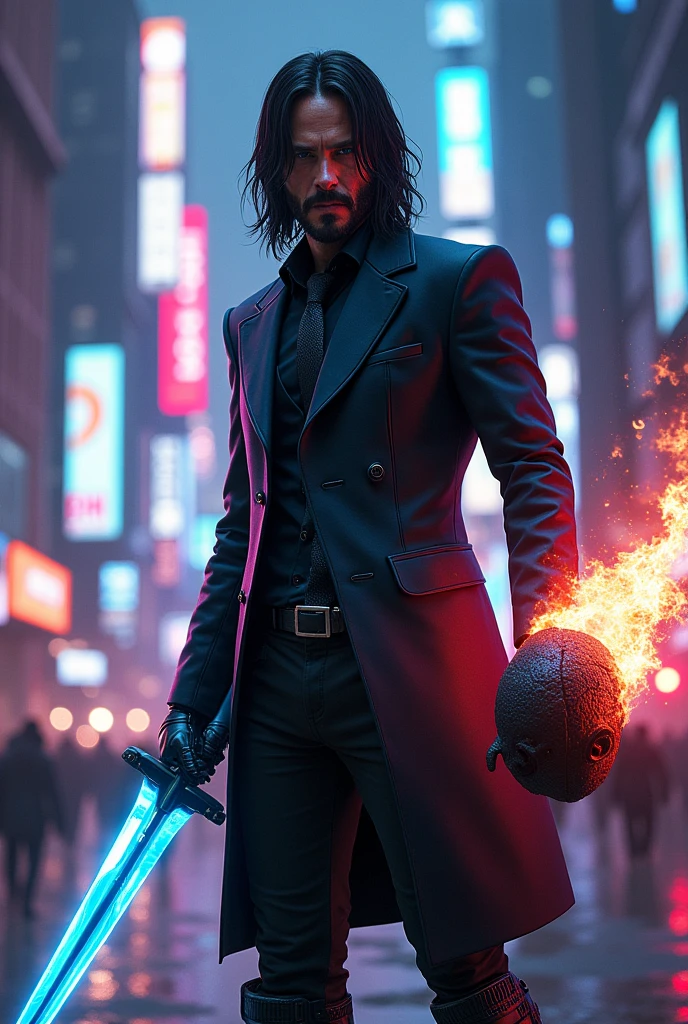John Wick+Cyber Armor+Holding a Cyber Sword+Fire Power Hand+Holding the cyber figure head on the right