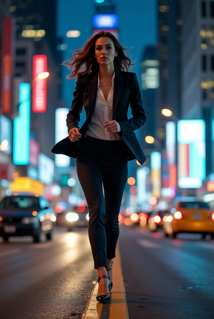 Woman running with all her might。Woman wearing stiletto heels。Office casual attire。Night view。City。foot。