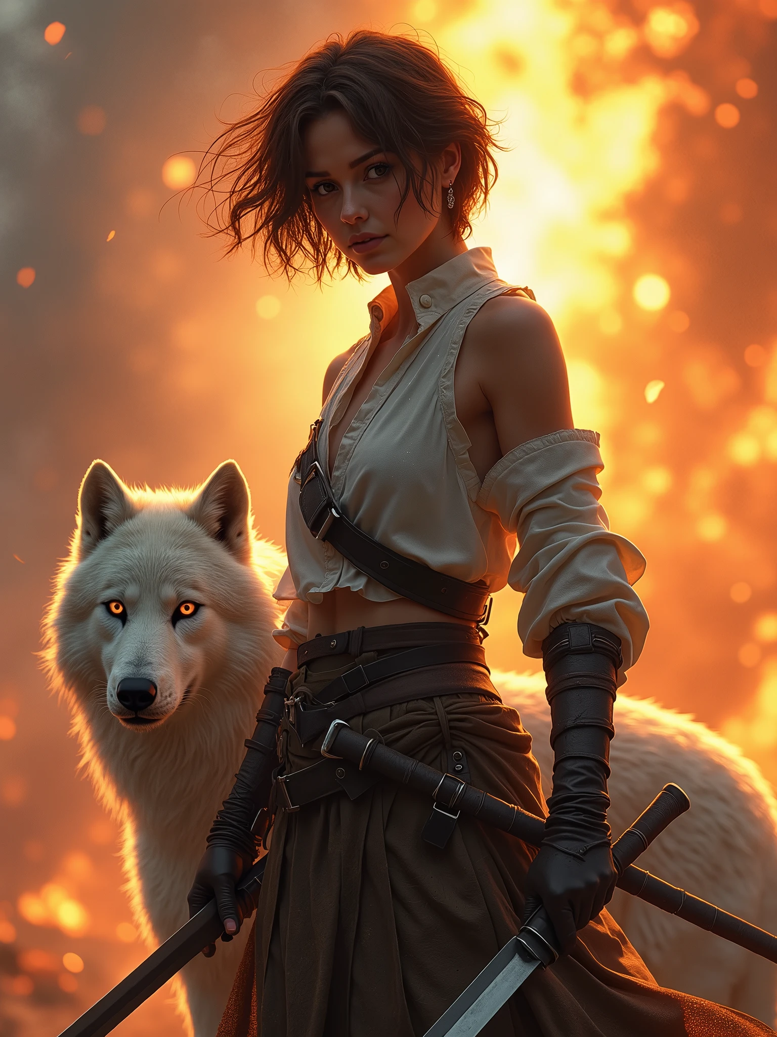 a 30 year old girl, brown hair, short hair, fearless expression, a fighter, having some knifes, with a white ninja wolf, fearless expression too, coming from war background, fire background, fantasy, highest quality
