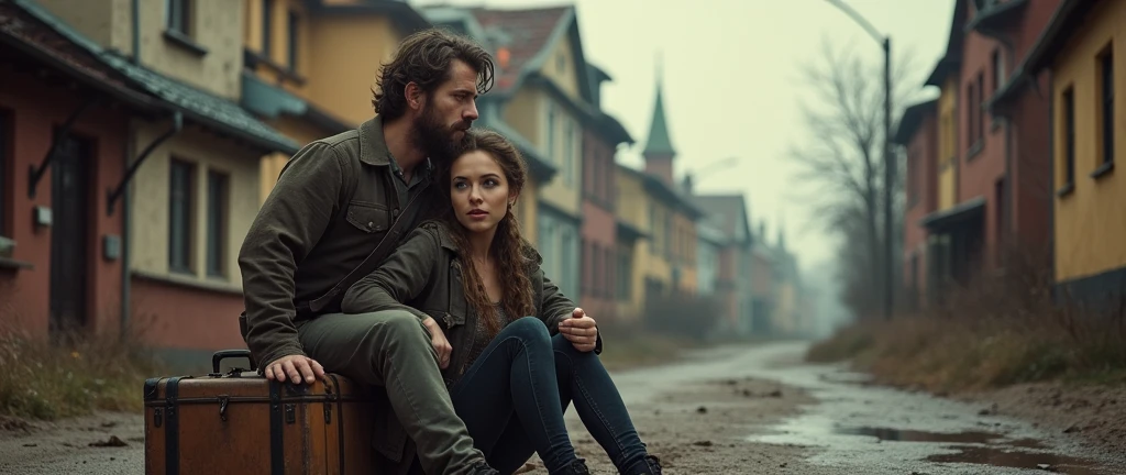 (photorealism:1.2), A captivating movie poster featuring three characters in a Russian provincial town. In the foreground, a man and a woman sit on a suitcase, sharing a candid moment. The woman has her arm around the man, who gazes forward intently. The town's architecture is depicted in the background, with a mix of old-world charm and modern touches. The overall atmosphere of the poster is cinematic and evokes a sense of adventure and love., cinematic, poster