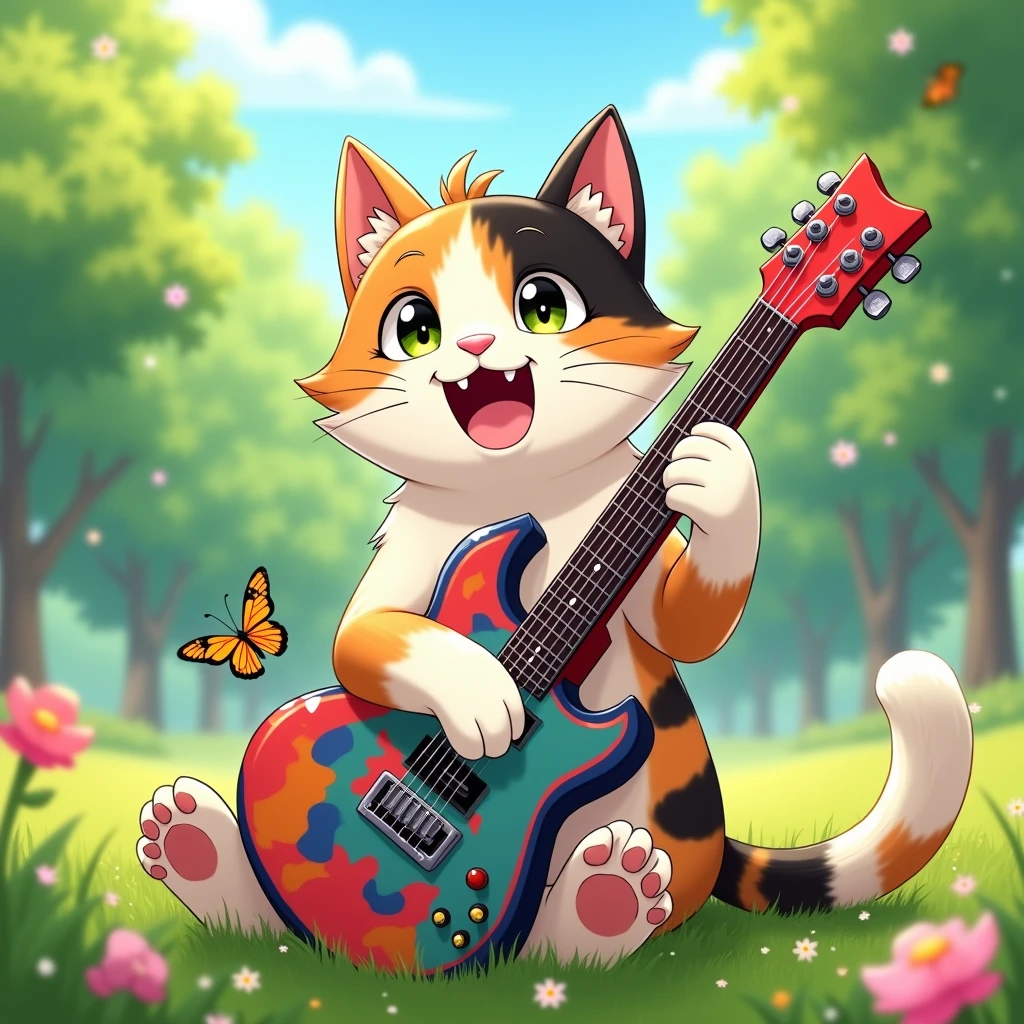 Anime Style, Ultra-fine illustrations, Very detailed, Dynamic Angle, Beautiful details, 8k, Summer day, Blake the calico cat is holding a guitar。I have a fun look on my face