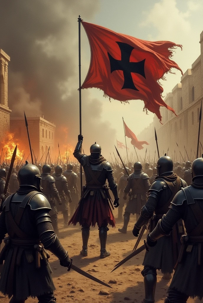 People fighting against the Knights of Malta while holding the Iron Cross flag