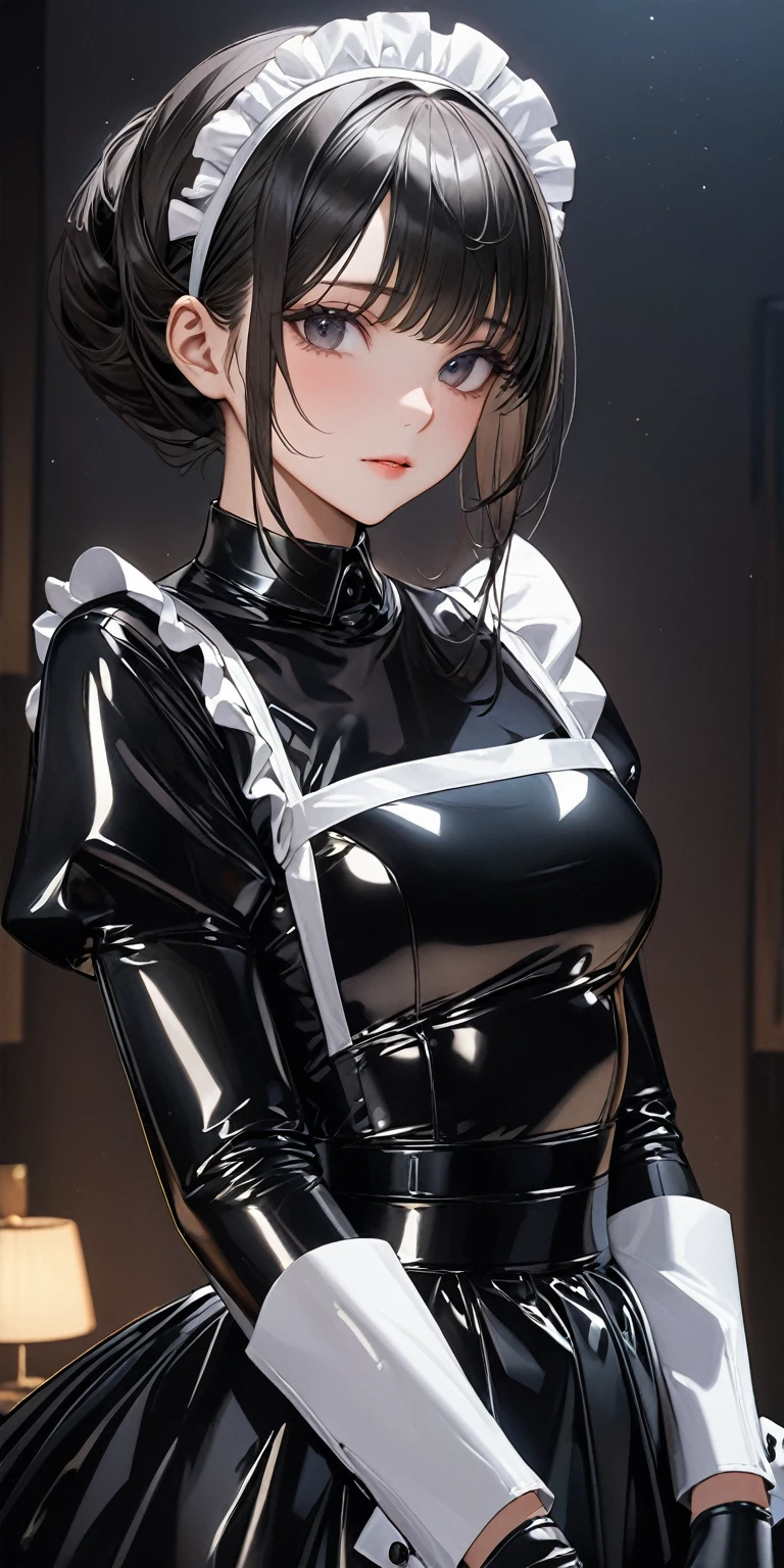 Portraiture、(masterpiece,Highest quality,Ultra-high resolution),Japanese women, Maid Headband、(((A very beautiful 25 year old))),(Black Latex Maid Clothing)、(((A long, tight black latex skirt)))、(A long-sleeved black latex shirt covering the upper body)、Black latex long gloves、Black Latex Tights、Latex is very shiny、Dark room at night