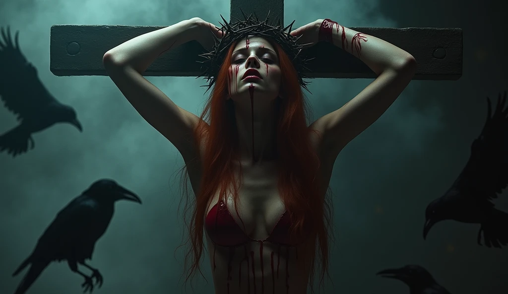 In a dark Gothic castle, two naked women Kristina Pimenova 25-year-old woman, with long red hair and flawless beauty, one hangs on a cross. Dark red fluid from the crown of thorns flows down her face and body. There is a mystical atmosphere of horror, sadness and suffering around. Fog and smoke cover the entire room and ravens fly around them. Cinematic lighting, Gothic art, Realism, ray tracing, glowing light, cinematic lighting, high res, award-winning, super detail, award-winning, high res, best quality, award-winning, ((close up photo, photo from above)), high quality, high details, textured skin, a masterpiece