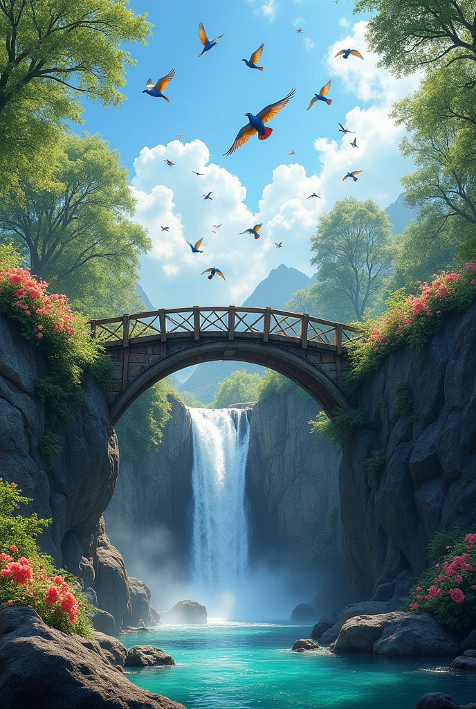 A heavenly scene with birds flying and a waterfall where tgere is a bridge