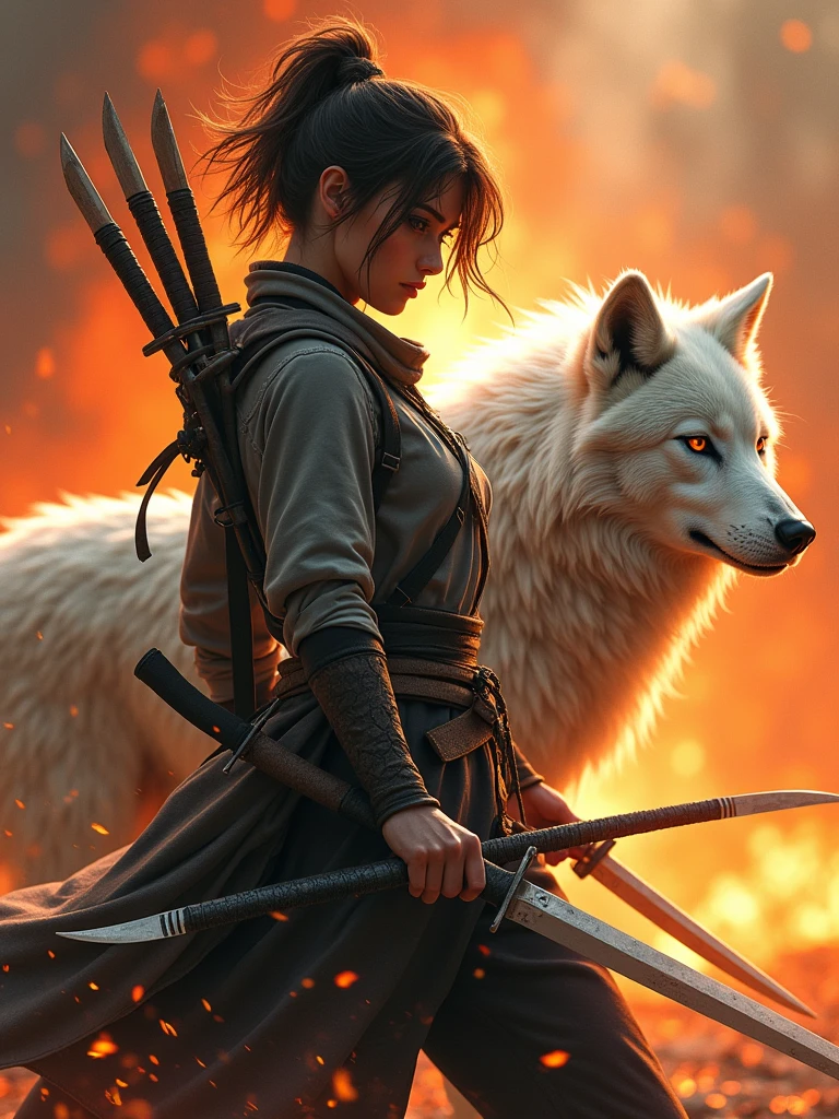 a 30 year old girl, brown hair, short hair, fearless expression, a fighter, having some knifes, with a white ninja wolf, fearless expression too, coming from war background, fire background, fantasy, highest quality