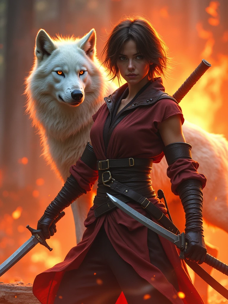 a 30 year old girl, brown hair, short hair, fearless expression, a fighter, having some knifes, with a white ninja wolf, fearless expression too, coming from war background, fire background, fantasy, highest quality