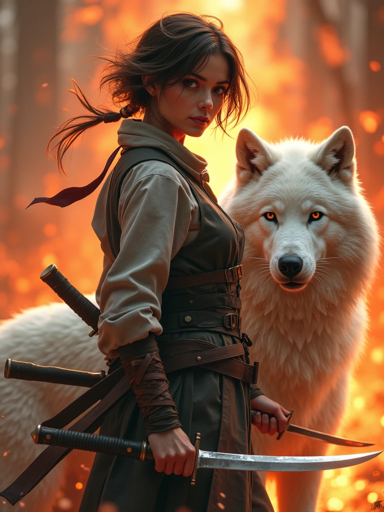 a 30 year old girl, brown hair, short hair, fearless expression, a fighter, having some knifes, with a white ninja wolf, fearless expression too, coming from war background, fire background, fantasy, highest quality