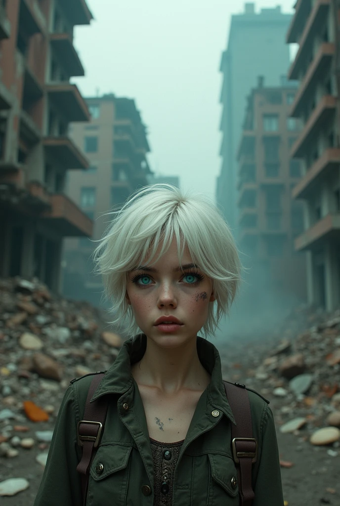 anime style, post-apocalyptic world, Collapsed and burning buildings Low angle view.
anime style, young adult woman, with the right eye blue and the left eye green, short white hair, with a slight scar under the left eye green.
with a melancholic expression.