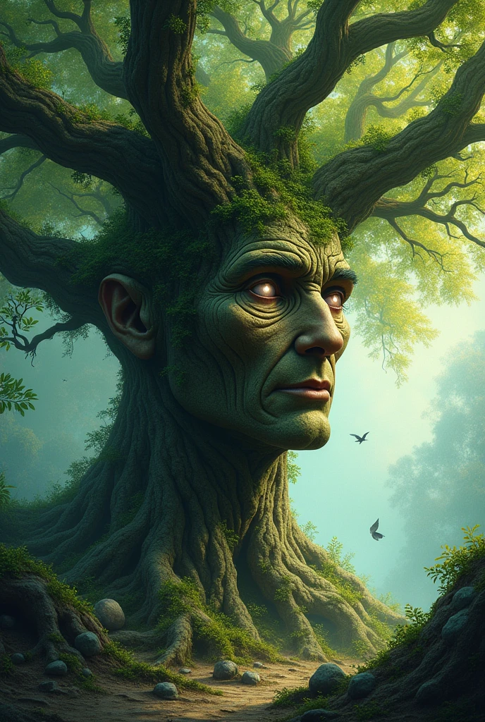 blueprint A treeant's face appears on an ancient tree in an overgrown forest.
Items and gear listed on the side:
- Carved wooden face
- Vines and leaves
- Creaking branches
- Mossy bark