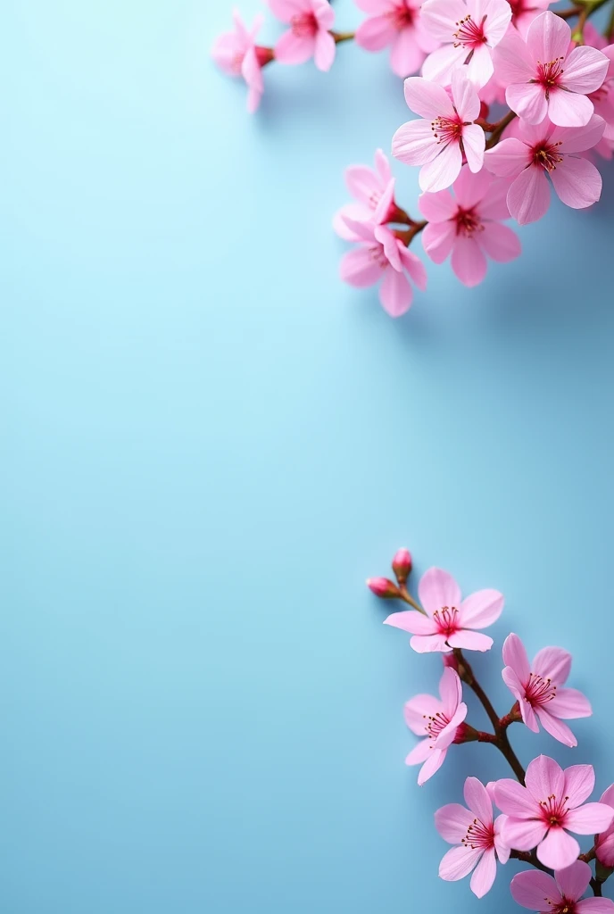 Blue background with flowers on the edges in pink but with some shades going from dark to lighter