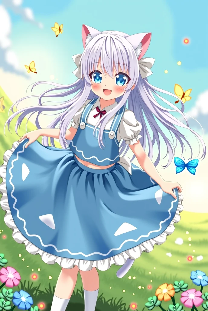 Long white haired ager with blue eyes and cat ears anime girl wearing a blue skirt and a hat