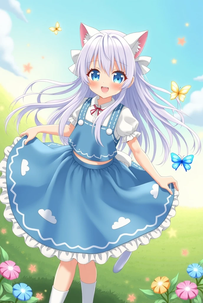 Long white haired teenager with blue eyes and cat ears anime girl wearing a blue skirt and a hat