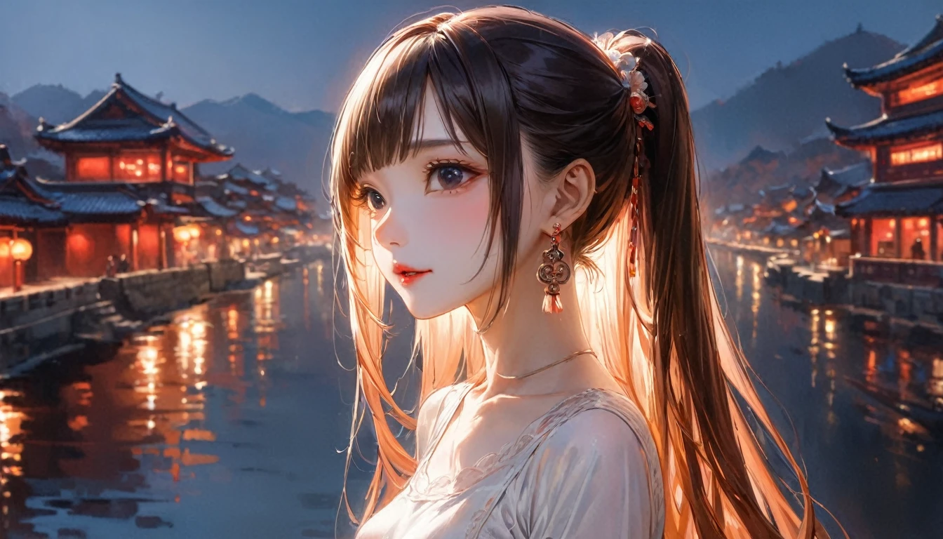 (Highest quality: 1.3, masterpiece: 1.3), Ultra HD, (One person, alone), Atmospheric perspective, Detailed face, Upper Body, compensate, Pink Lips, Cleft lip, Glowing Skin, (Brown Hair), Super long hair, In front of an audience, Red eyes, Earrings, Small breasts, The body is slim, (White silk), (((((East Asian architecture, River side, Beautiful background))), Perfect lighting, (Front lighting), ,