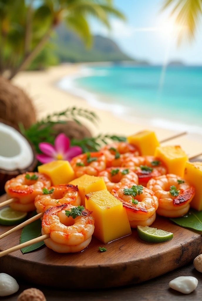 Ananas,mango and shrimp Hawaiian skewers