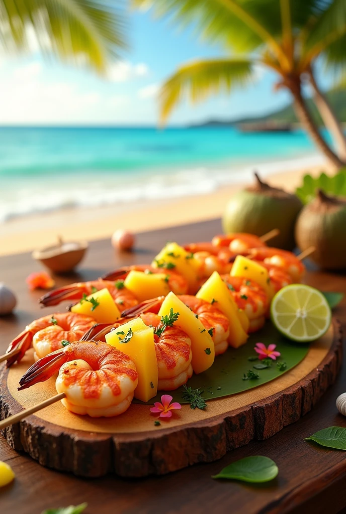 Ananas,mango and shrimp Hawaiian skewers