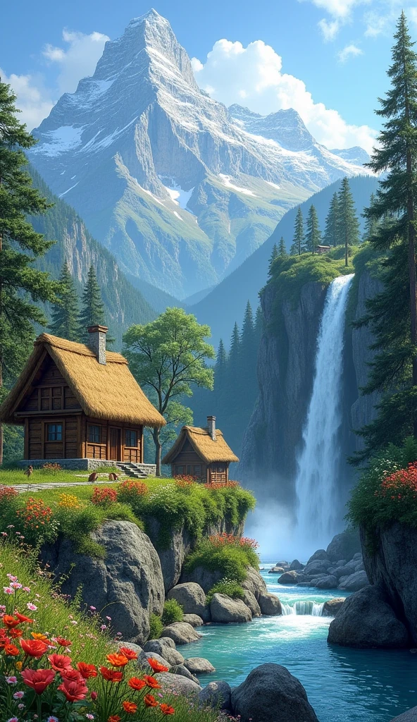 Create me very beautiful landscape pictures, whether it be huts, houses, mountains, waterfalls, trees, squirrels, a very beautiful nature view.