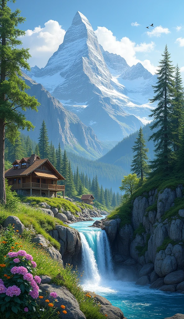 Create me very beautiful landscape pictures, whether it be huts, houses, mountains, waterfalls, trees, squirrels, a very beautiful nature view.