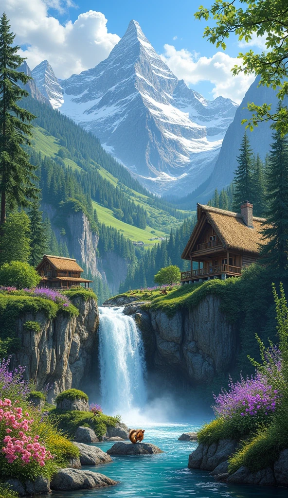 Create me very beautiful landscape pictures, whether it be huts, houses, mountains, waterfalls, trees, squirrels, a very beautiful nature view.
