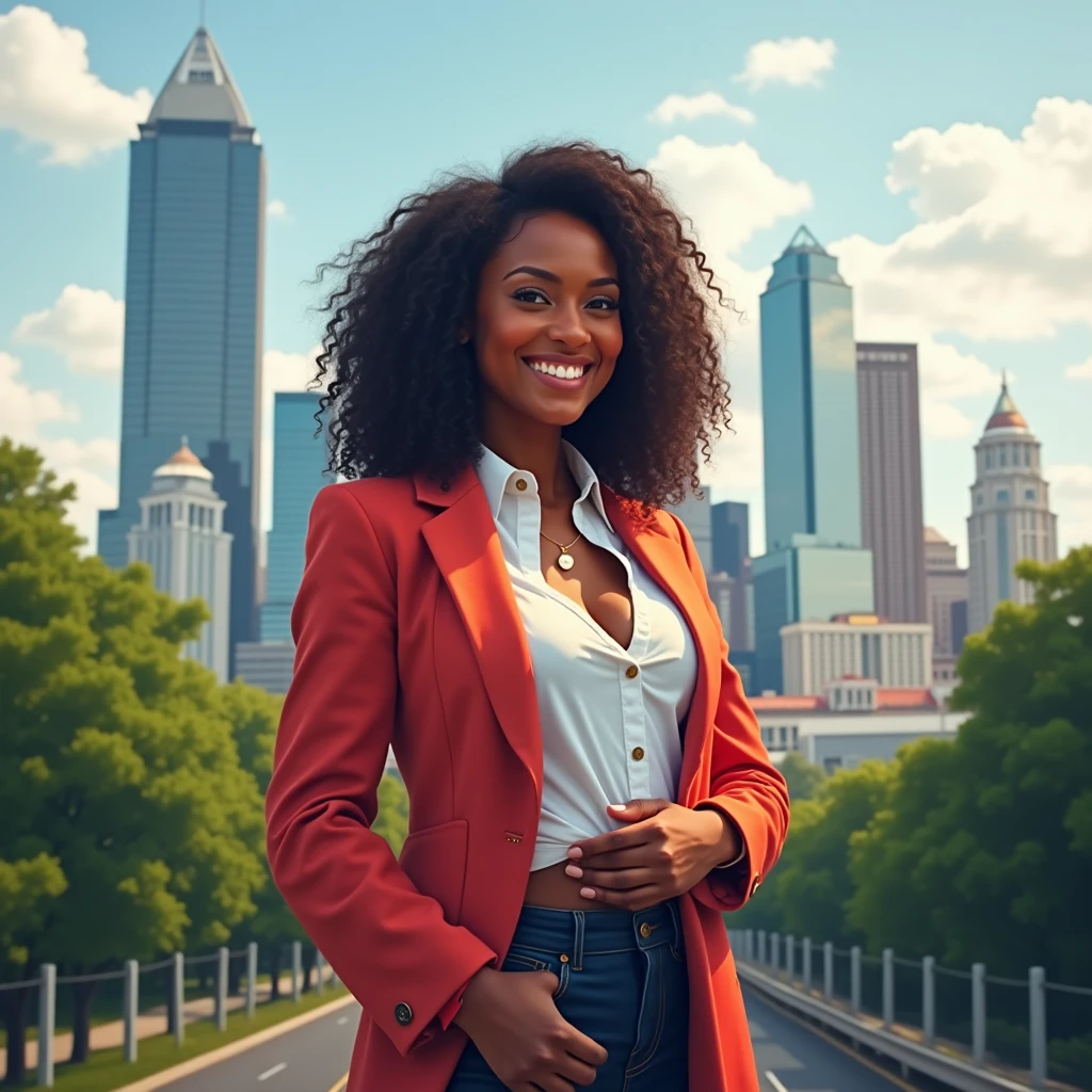 Subject: Profile picture of a 27-year-old single mom,
Creative descriptions: confident stance, warm smile, chic style,
Environment: Atlanta cityscape background,
Mood/atmosphere: empowered, nurturing, urban sophistication,
Artistic medium/techniques: digital portrait focusing on individuality,
Artists/illustrators: Custom Portrait Artists, Urban Profile Illustration, Modern digital design,
Camera settings: Use soft lighting to highlight features and capture the essence of urban life in Atlanta.