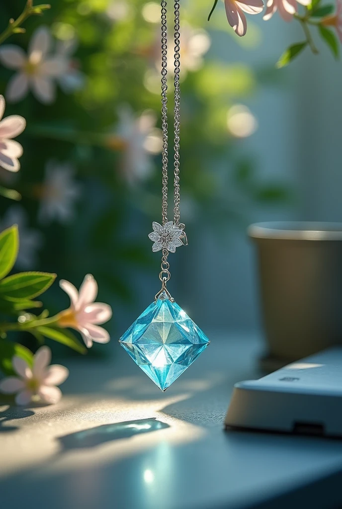 Light blue stone shaped like a small diamond dangling at the chains end