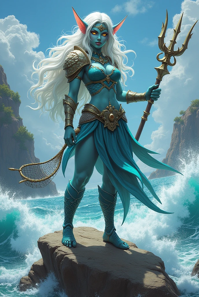 rpg style, digital painting art style, concept art style, full-body, fantasy, standing on a rock, sea elf female, white long wavy hair, yellow eyes, shark like teeth, neck gills, webbed fingers, fin like pointed ears, turquoise blue skin, gladiator armor, holding trident in one hand and gladiator net in the other, scale like armor, seashell spaulder, coral diadem on the temples and back of the head, cleric, sea background, ocean wave splash background