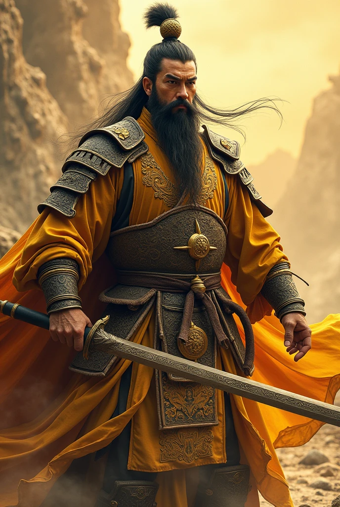 Male character wearing Chinese clothing holding a halberd ,Characters in the Three Kingdoms, ancient soldier, Wearing Chinese iron armor, , Chinese warrior character design,Use Chinese halberd weapons, lu bu ,Novel Image ,Yellow tones,Yes, it's a Chinese general's hat.,Has a long beard and mustache,Middle-aged man,Chinese people,black hair,see the whole body,See the whole head, face, body, arms and legs.