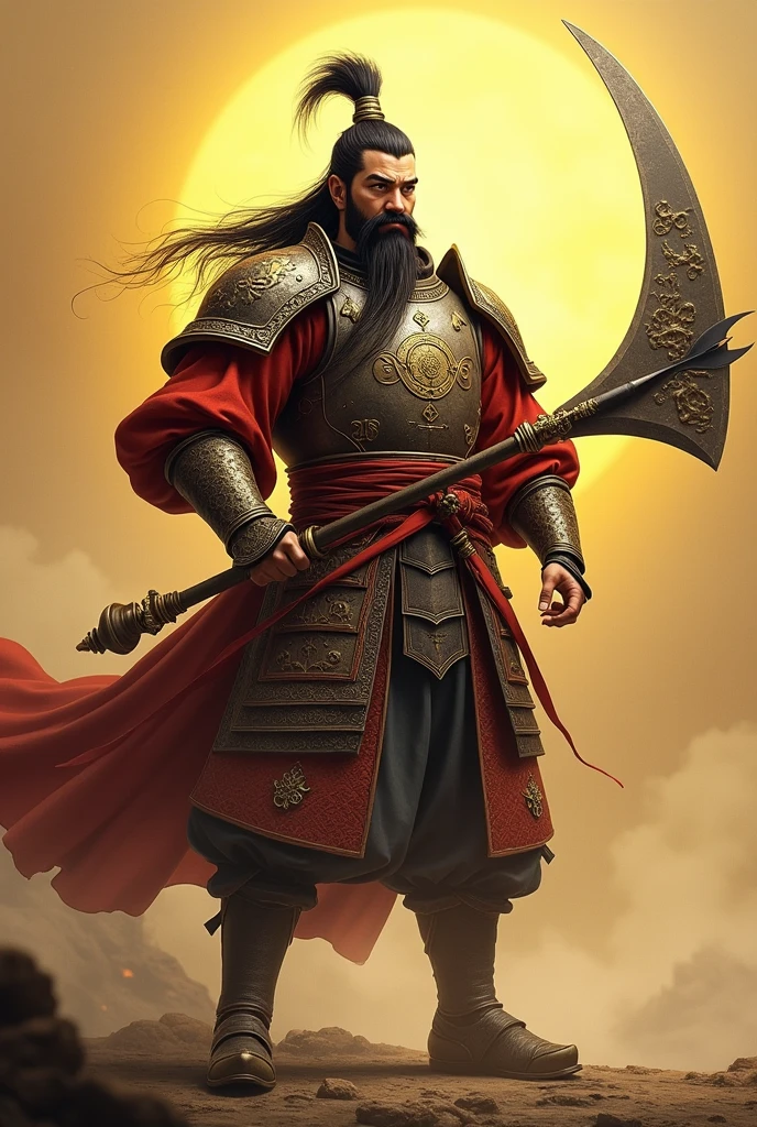 Male character wearing Chinese clothing holding a halberd ,Characters in the Three Kingdoms, ancient soldier, Wearing Chinese iron armor, , Chinese warrior character design,Use Chinese halberd weapons, lu bu ,Novel Image ,Yellow tones,Yes, it's a Chinese general's hat.,Has a long beard and mustache,Middle-aged man,Chinese people,black hair,see the whole body,See the whole head, face, body, arms and legs.