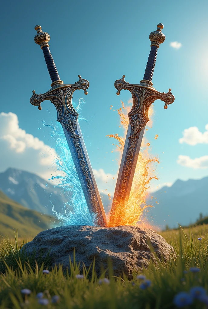 masterpiece、Highest quality、Very detailed、Ultra-high resolution、grassland、blue sky、A pair of swords stuck in a rock、Fire and water aura
