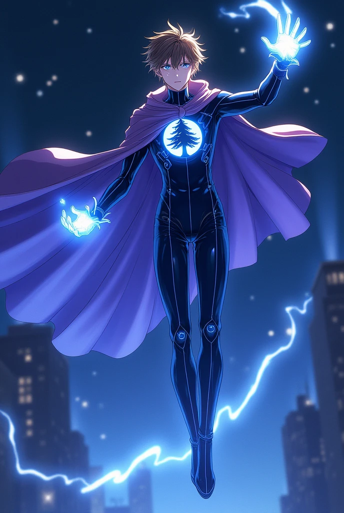 A male teenager with brown hair wearing a blue outfit with a purple cloak is being held by a red stone. The latex outfit has straight white lines. He is wearing black latex boots. Black tin gloves on his forehead. He has a birthmark of the constellation Ursa Major. In the center of his outfit, there is a white circle and right in the middle of this circle, a blue pine tree. On his two gloves, which are missing, releasing, releasing, releasing, releasing magic, he is flying during a night. The image has to be anime.