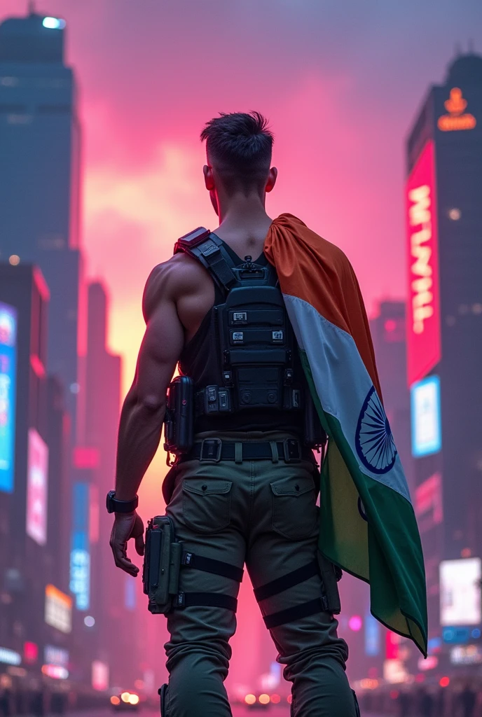 Army boy with and big muscles cyberpunk background with pink and blue sunset with Indian flag