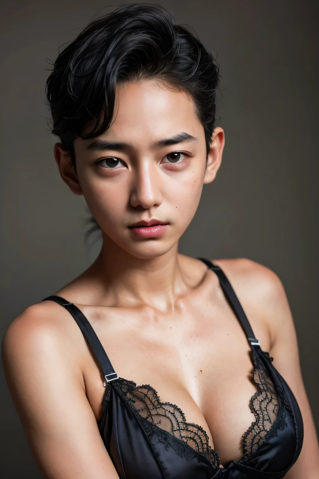 ((Femboy)), Shorthaircut Stylish, adorable, 1 femboy, (face to face), , ((baby face)), (cry sad face expression), half body portrait, (face details: 1), (eye details: 1), ((huge breasts)). wearing transparent transparency soft soft, .. Cute posed. proportional body. Ultra High Res. realistic: 1.4, UHD, (floral pattern), ((lingerie)) ((lace pattern))