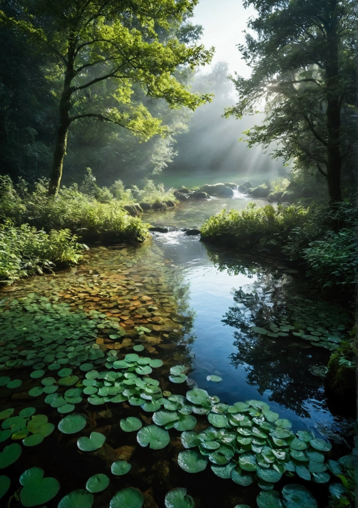 Stream in primeval forest，Sunlight shining through foggy leaves has a Tyndall effect，Behind is a green pond，The water is full，There are aquatic plants in the water，Water is flowing，The water is clear and you can see many small pebbles，The water is turquoise，Makes people look cool，Very fresh and natural，Emerald green, clear gray tone,The Rule of Thirds，Maximum resolution，All the details can be seen clearly，4K
