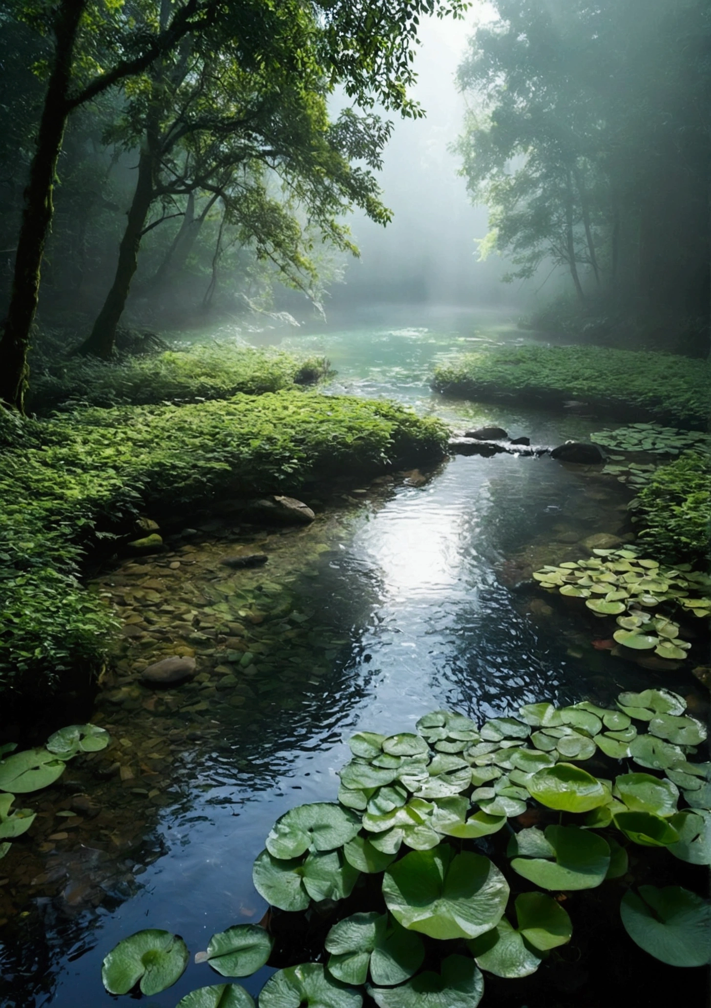 Stream in primeval forest，Sunlight shining through foggy leaves has a Tyndall effect，Behind is a green pond，The water is full，There are aquatic plants in the water，Water is flowing，The water is clear and you can see many small pebbles，The water is turquoise，Makes people look cool，Very fresh and natural，Emerald green, clear gray tone,The Rule of Thirds，Maximum resolution，All the details can be seen clearly，4K
