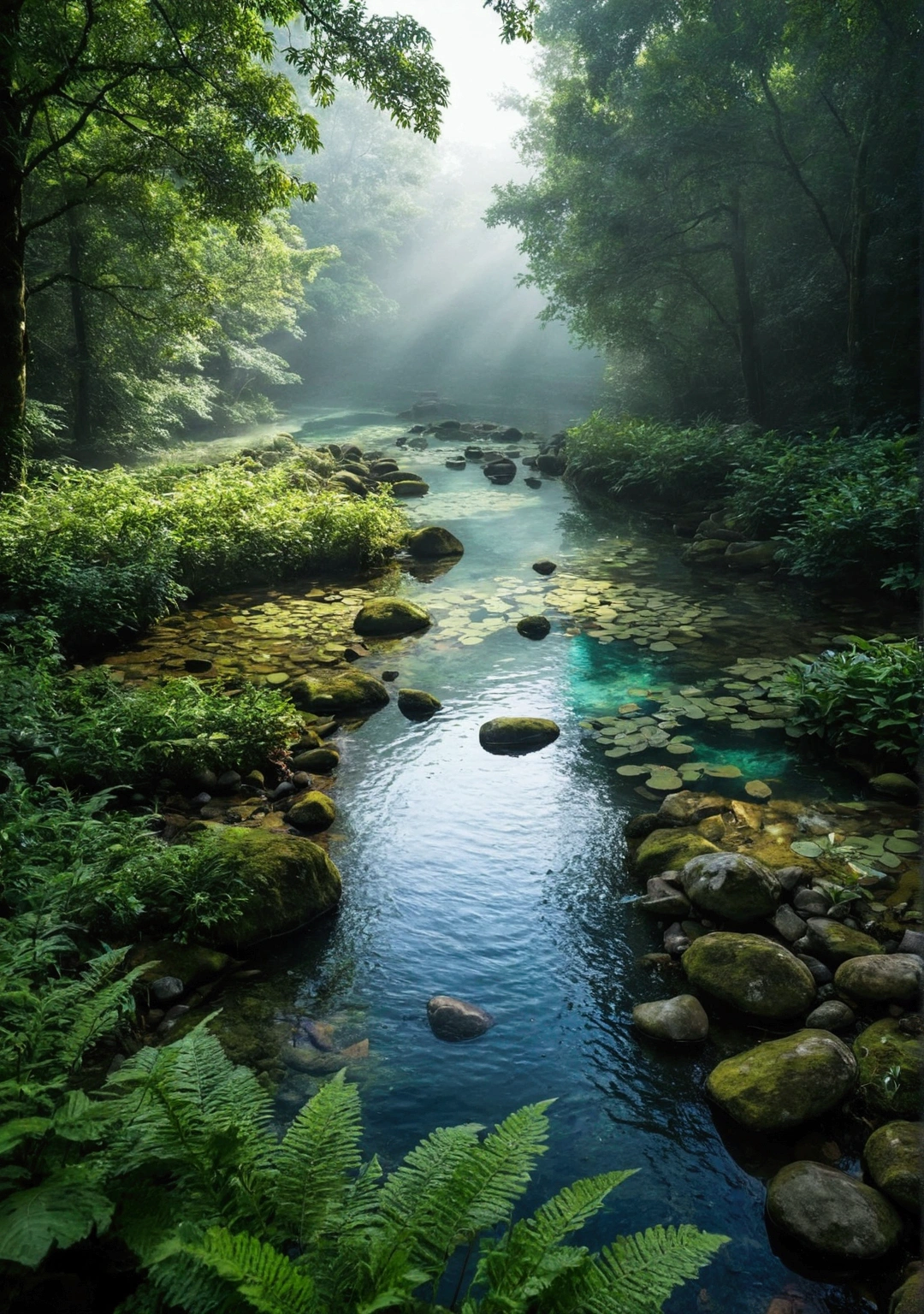 Stream in primeval forest,Sunlight shining through foggy leaves has a Tyndall effect,Behind is a green pond,The water is full,There are aquatic plants in the water,Water is flowing,The water is clear and you can see many small pebbles,The water is turquoise,Makes people look cool,Very fresh and natural,Emerald green, clear gray tone,The Rule of Thirds,Maximum resolution,All the details can be seen clearly,4K