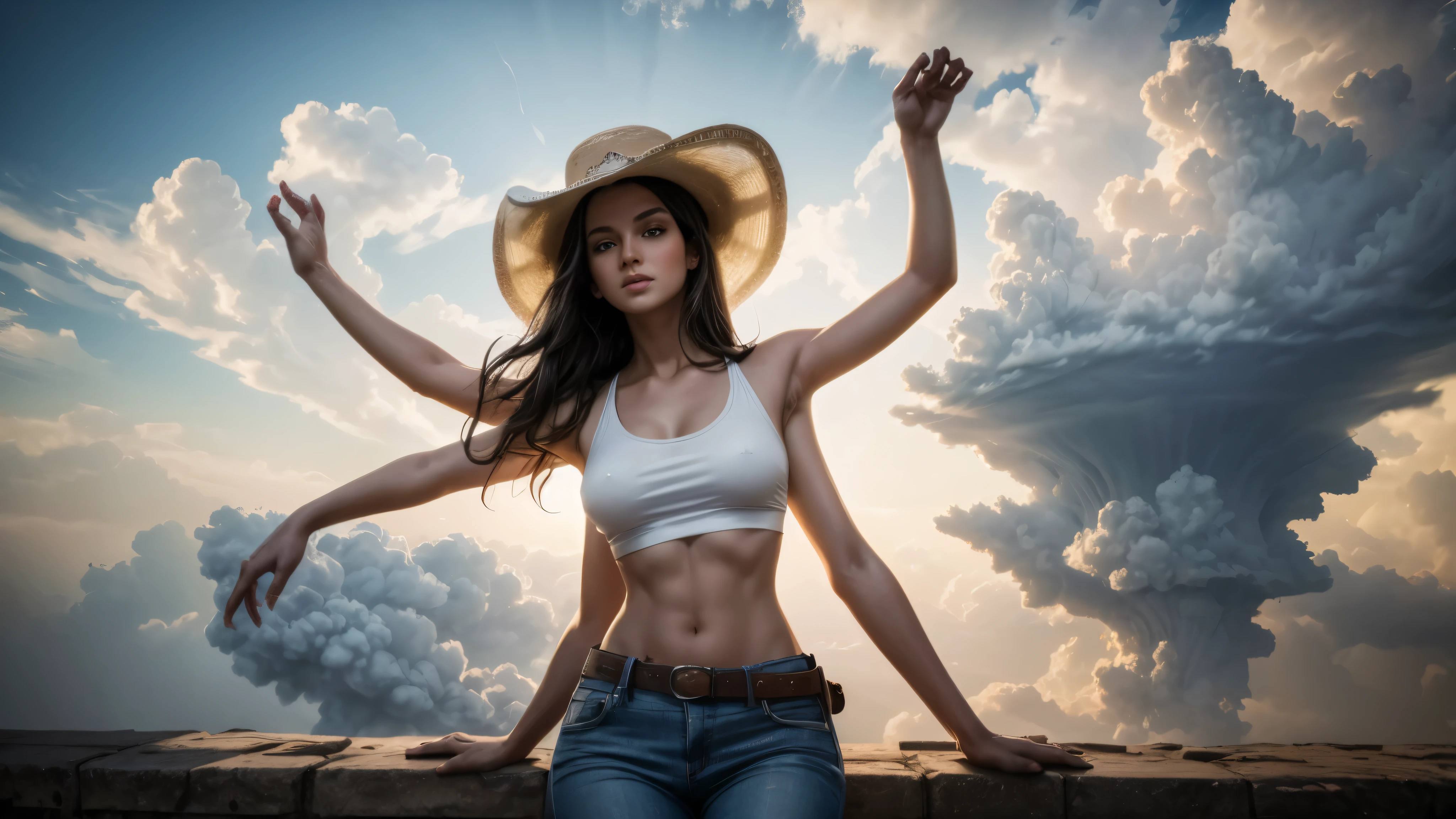 masterpiece, best quality, extremely detailed, hyperrealistic:1.1, photorealistic, a beautiful 20s russian model, ultra detailed face:1.1, white cowboy hat, yellow tank top:1.1, purple pants, black hair, from side, the scene of the city with a lot of white clouds, above the clouds, ancient ruins with a lot of white clouds, extra arms:1.2, 10 arms:1.2, raising arms