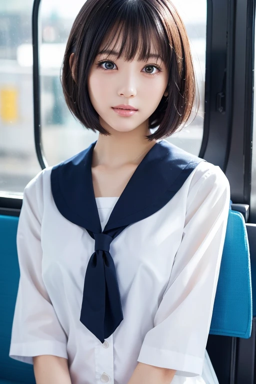 Beautiful girl on the bus, (Highest quality:1.4), (Very detailed), (Very detailed美しい顔), (Looking Outside:1.4), japanese sailor suit, Great face and eyes, iris, Bob Hair, Black Hair, (Skinny body type:1.2), (Sailor suit, school uniform:1.2), Short sleeve, Smooth, Very detailed CG synthesis 8k wallpaper, High-resolution RAW color photos, Professional photography, Light, BackLight, dream-like, impressive, Written boundary depth