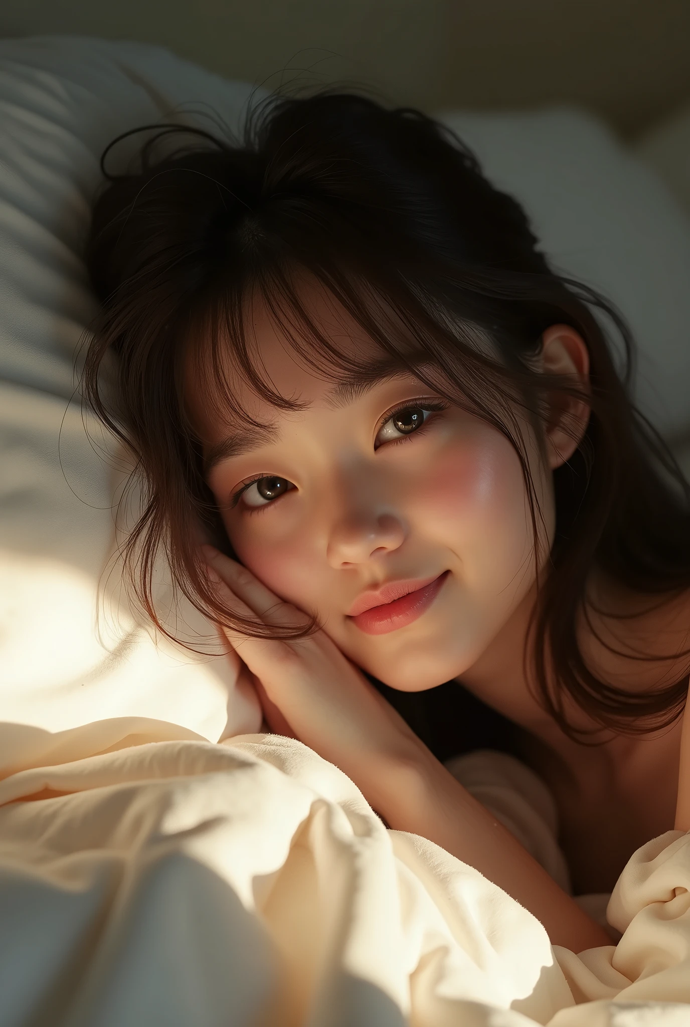 Masterpiece, Ultra High Definition, Micro detailed, fine photo, professional shot, artistic pose, a young 19 years old girl, with long brown straight hair, bangs, pleasured in bed making after sex face in a very content and in love expression, angelic innocent face, a very beautiful expressive eyes looking to the viewer, and arroused after sweating, pleasuring herself, cinematic, dramatic and artistic, curvy body a young japanese girl naked with pale skin rosy chicks and rosy lips