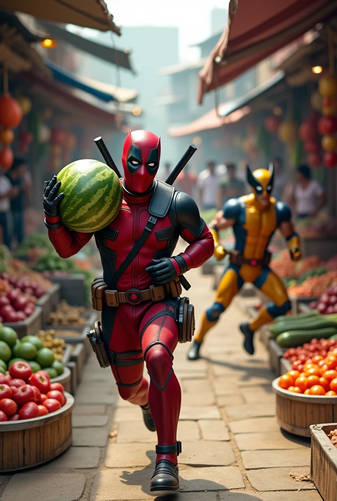 (photorealism:1.2), (HDR quality), (realistics), the deadpool is running sared becouse he was chasing by wolverine(angry face), (deadpool with his one hand is holding a big melon), wolverine chasing him behind(nearly)jumping highly., at the traditional market(detailed situations and conditions), many people watching them