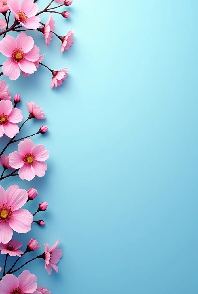 Blue background with flowers on the edges in pink but with some shades going from dark to light diagonally 
